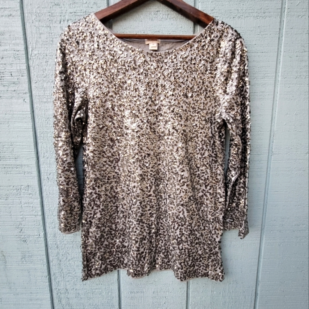 J. Crew Sequin Embellished Boat Neck T-shirt size M Dark Gray